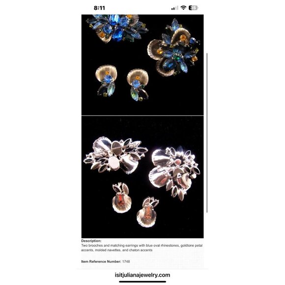 Juliana D&E Blue Green Rhinestones Brooch Earrings Set Molded Navettes #1748 - Picture 10 of 10